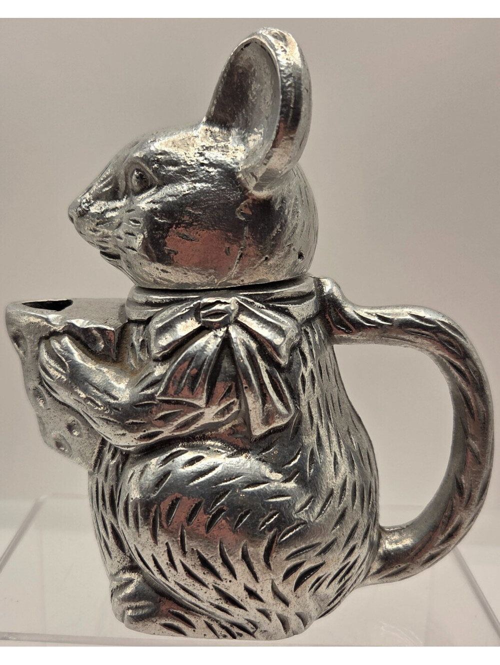 Vintage Mouse Creamer Pitcher Silver Plate Pewter Animal Cream Jug w Lid Cheese